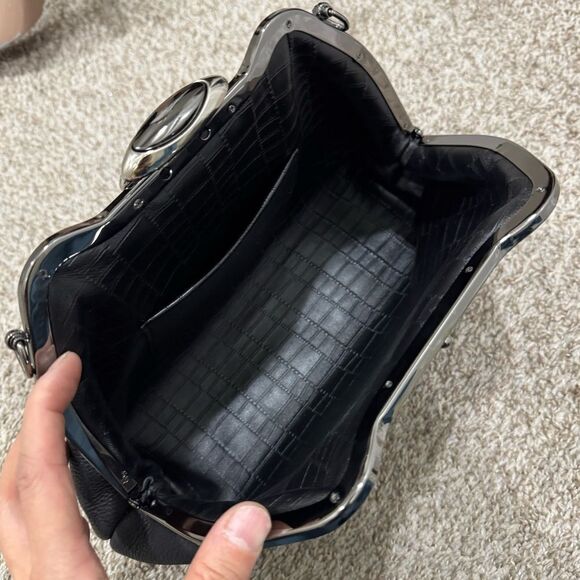 Black Togo Cowhide Leather Handmade Custom Metal Frame Handbag & 2 Strap Styles - Picture 15 of 16